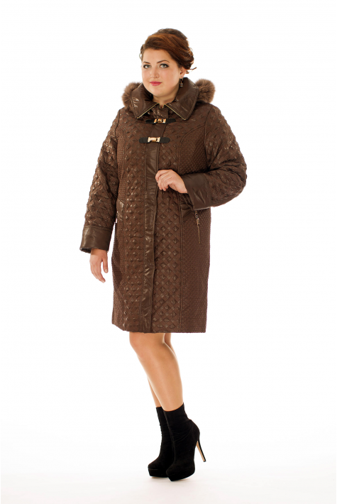 Женское пальто из текстиля с капюшоном, отделка песец 8009972